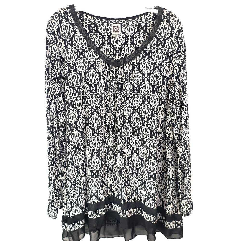 Anne Klein Top 2X Black White Geo Print Mesh Stretch Blouse Hi Lo Office Travel